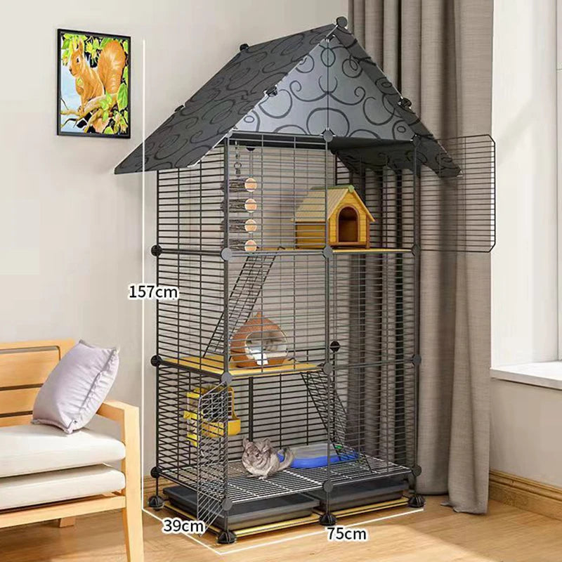 Cute Metal Pet House with Ladder, Small Animal Cage for Hamster Rat Squirrel Mouse, Playground with Ventilation，Hamster House